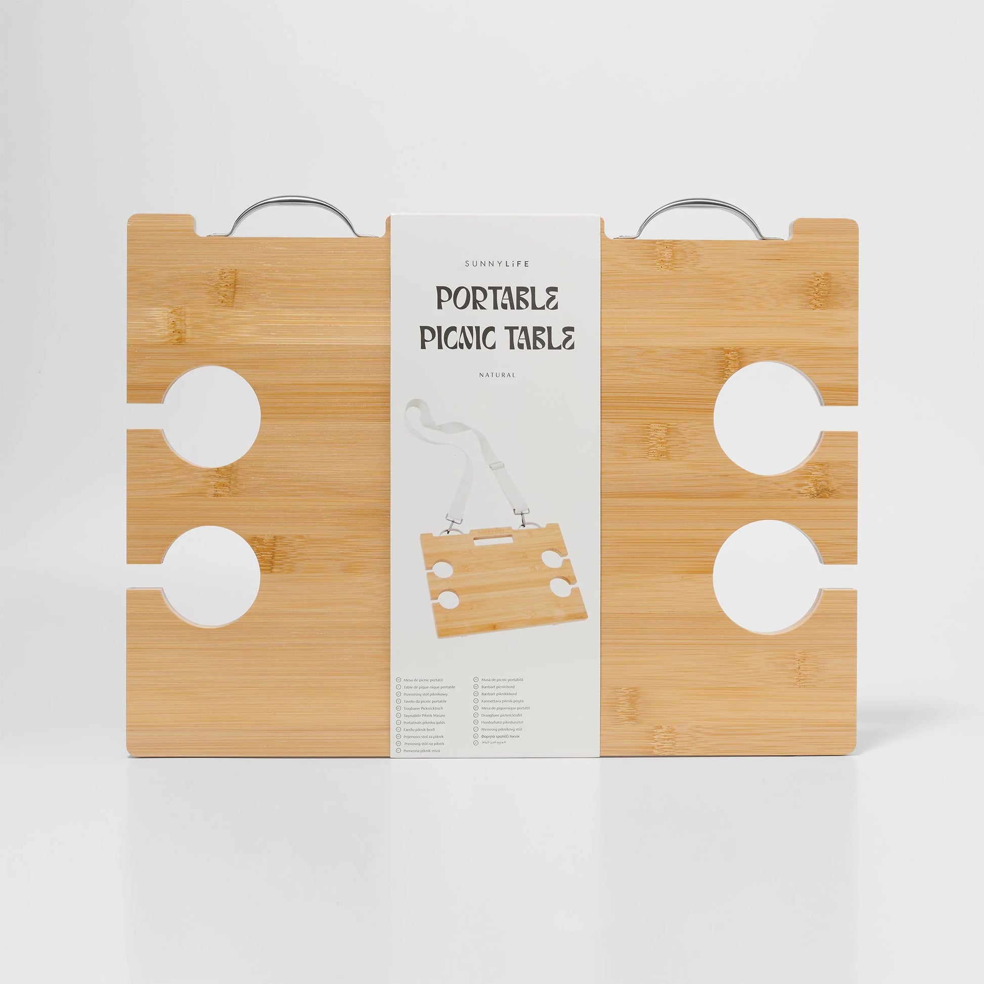 Przenośny stół piknikowy Sunny Life z bambusa z uchwytami i miejscem na napoje