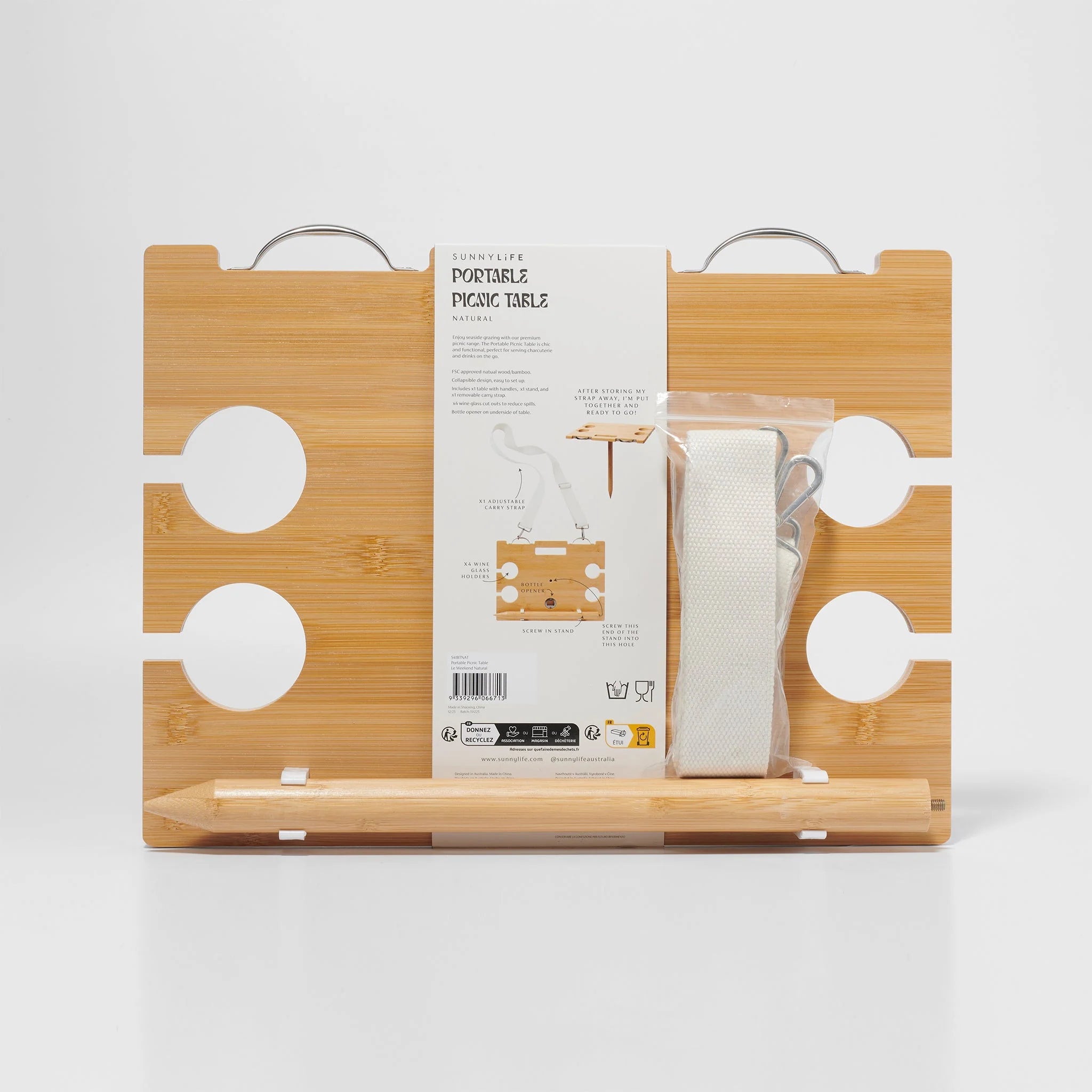Sunny Life przenośny stół piknikowy z bambusa z dołączonymi akcesoriami i paskiem