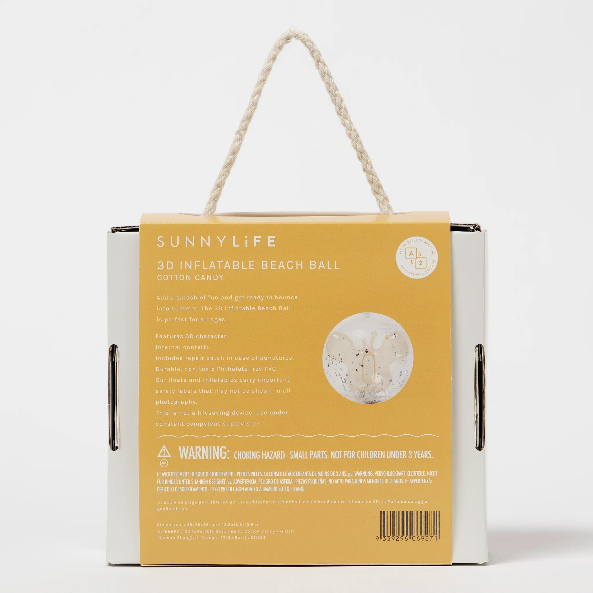 Opakowanie nadmuchiwanej piłki plażowej z brokatem marki LOQI z uchwytem do przenoszenia
