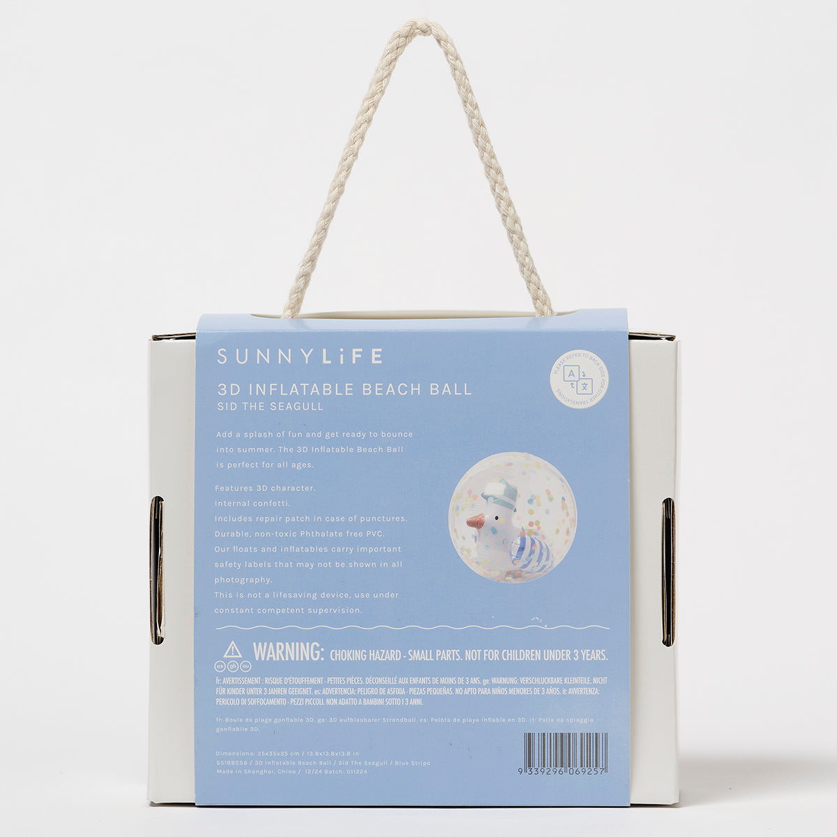 Opakowanie nadmuchiwanej piłki plażowej dla dzieci SunnyLife z motywem mewy i uchwytem sznurkowym