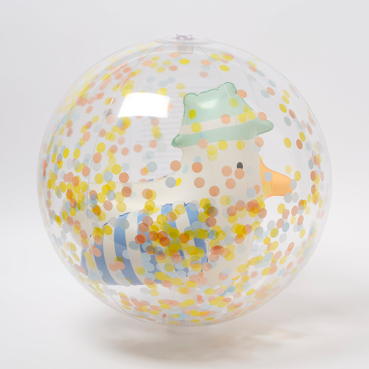 Nadmuchiwana piłka plażowa dla dzieci z nadrukiem kaczuszki i kolorowymi konfetti