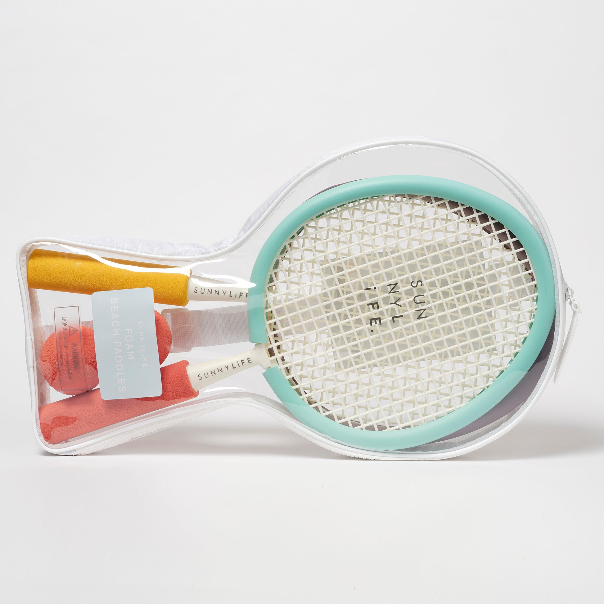 Loqi piankowe rakietki plażowe do gry z uchwytami w różnym kolorze i piłeczkami w przezroczystym etui