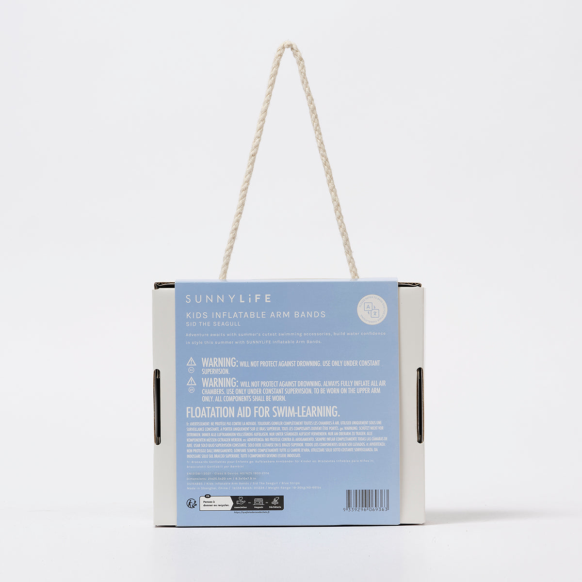 Opakowanie dmuchane rękawki dla dzieci marki LOQI z informacjami o produkcie na niebieskim tle