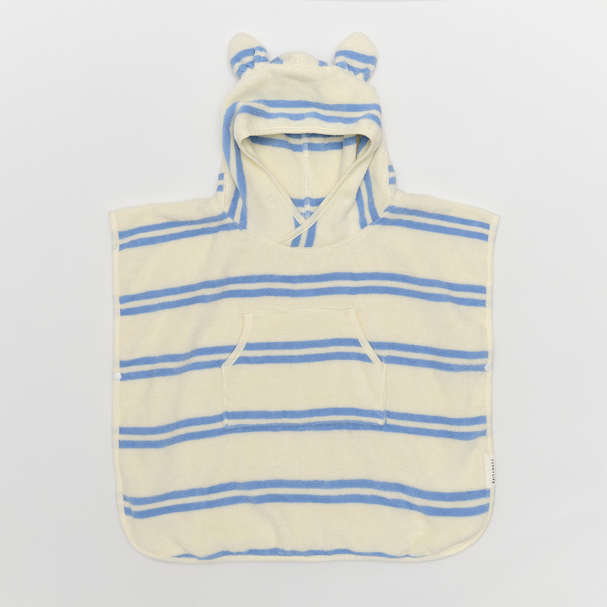 LOQI ręcznik z kapturem dla dzieci w kremowo-niebieskie paski z uszami na kapturze