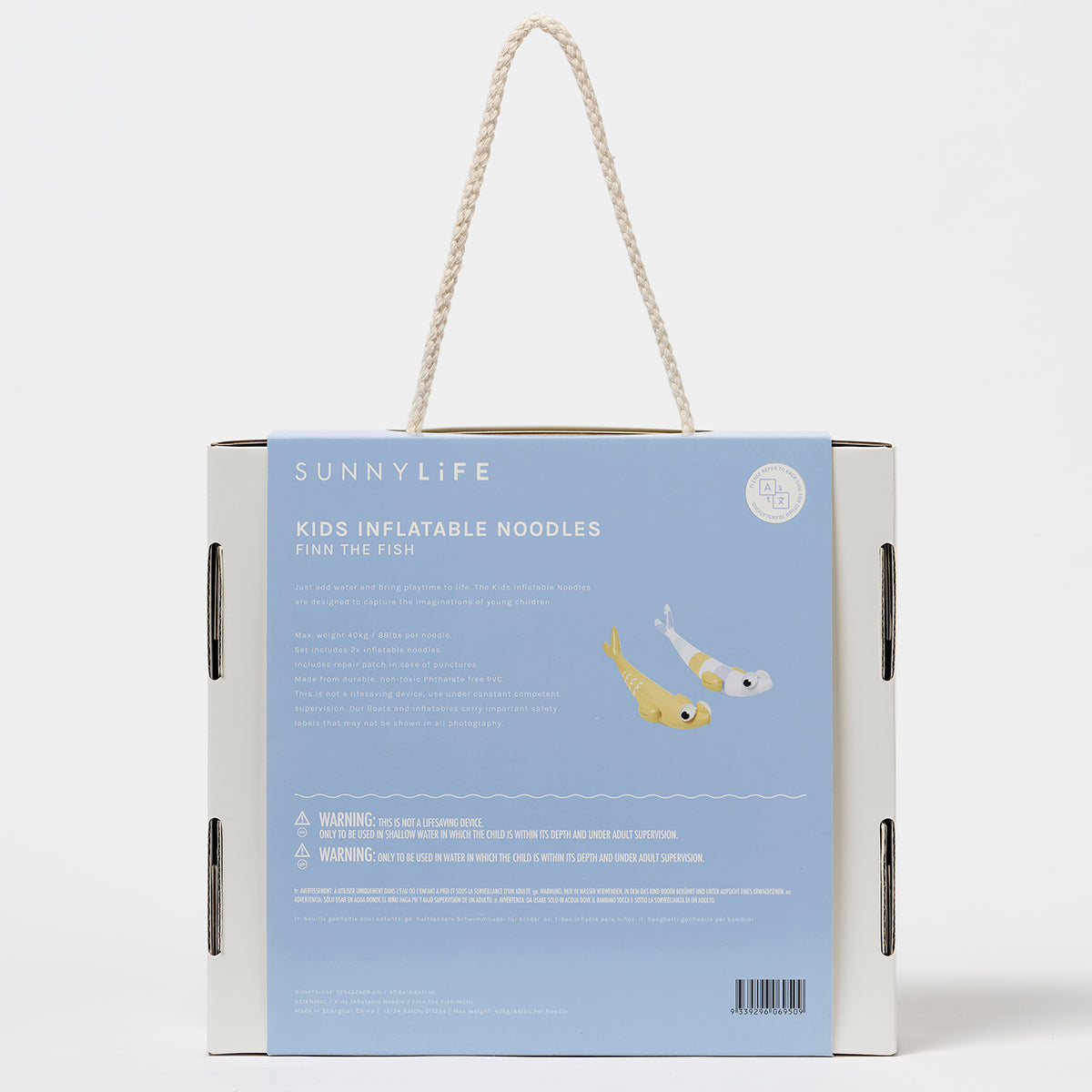 Pudełko dmuchanych makaronów do pływania dla dzieci marki LOQI w niebieskim opakowaniu