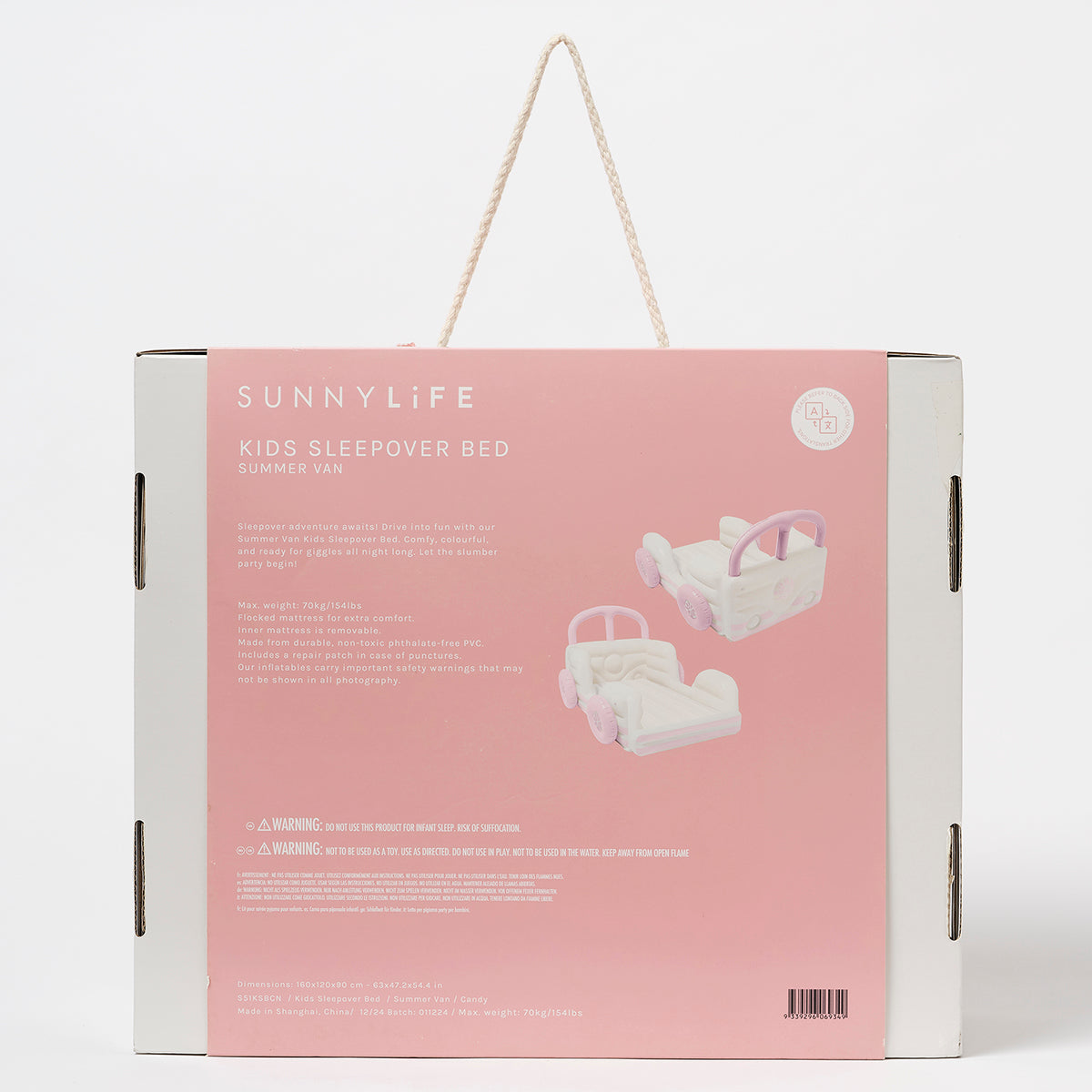 Opakowanie dmuchanego łóżka dziecięcego LOQI Sunny Life w różowym kolorze z uchwytem do przenoszenia