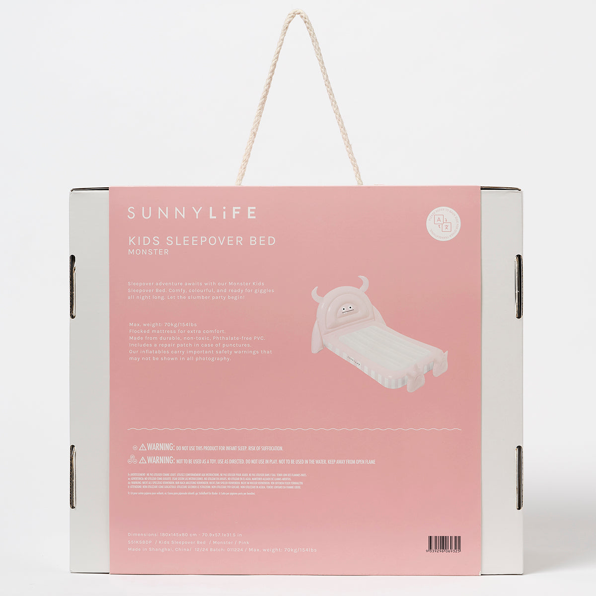 Opakowanie dmuchane łóżko dla dzieci marki LOQI w różowym kolorze z uchwytem do przenoszenia