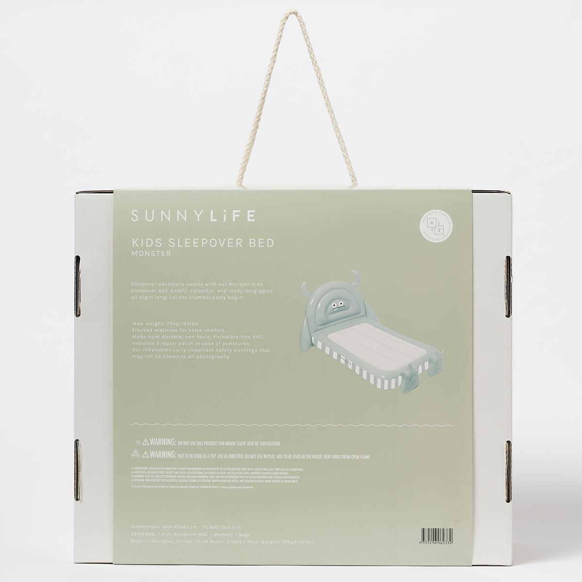 Dmuchane łóżko dla dzieci SunnyLife z motywem potwora zapakowane w pudełko