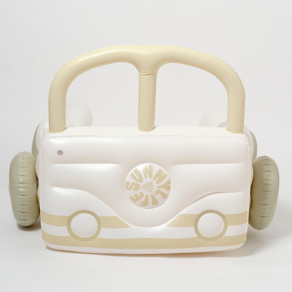 LOQI dmuchane łóżko dziecięce samochód w beżowo-białych kolorach z uchwytem w kształcie kierownicy