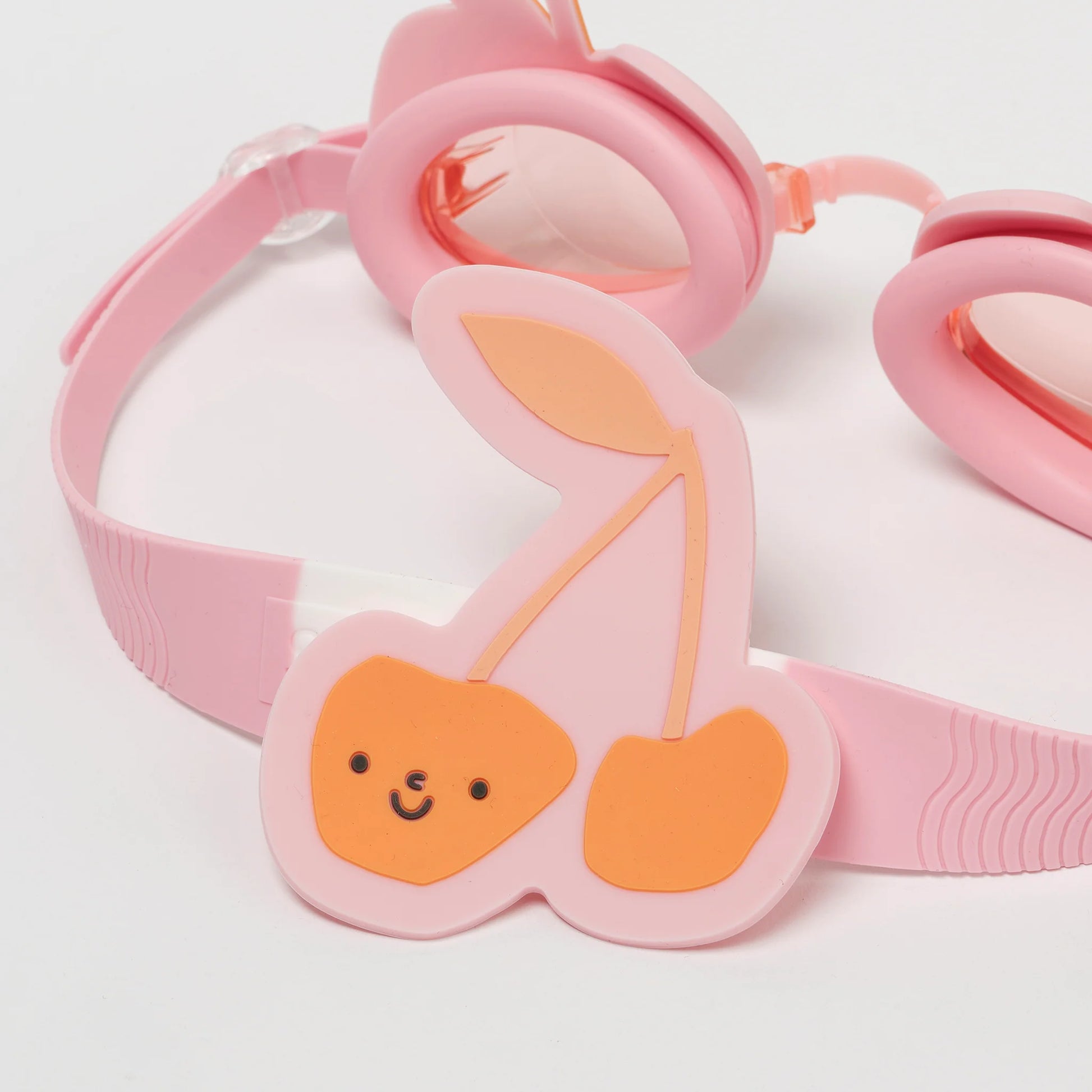 Różowe okulary do pływania dla dzieci marki LOQI z zabawnym wzorem uroczych wisienek