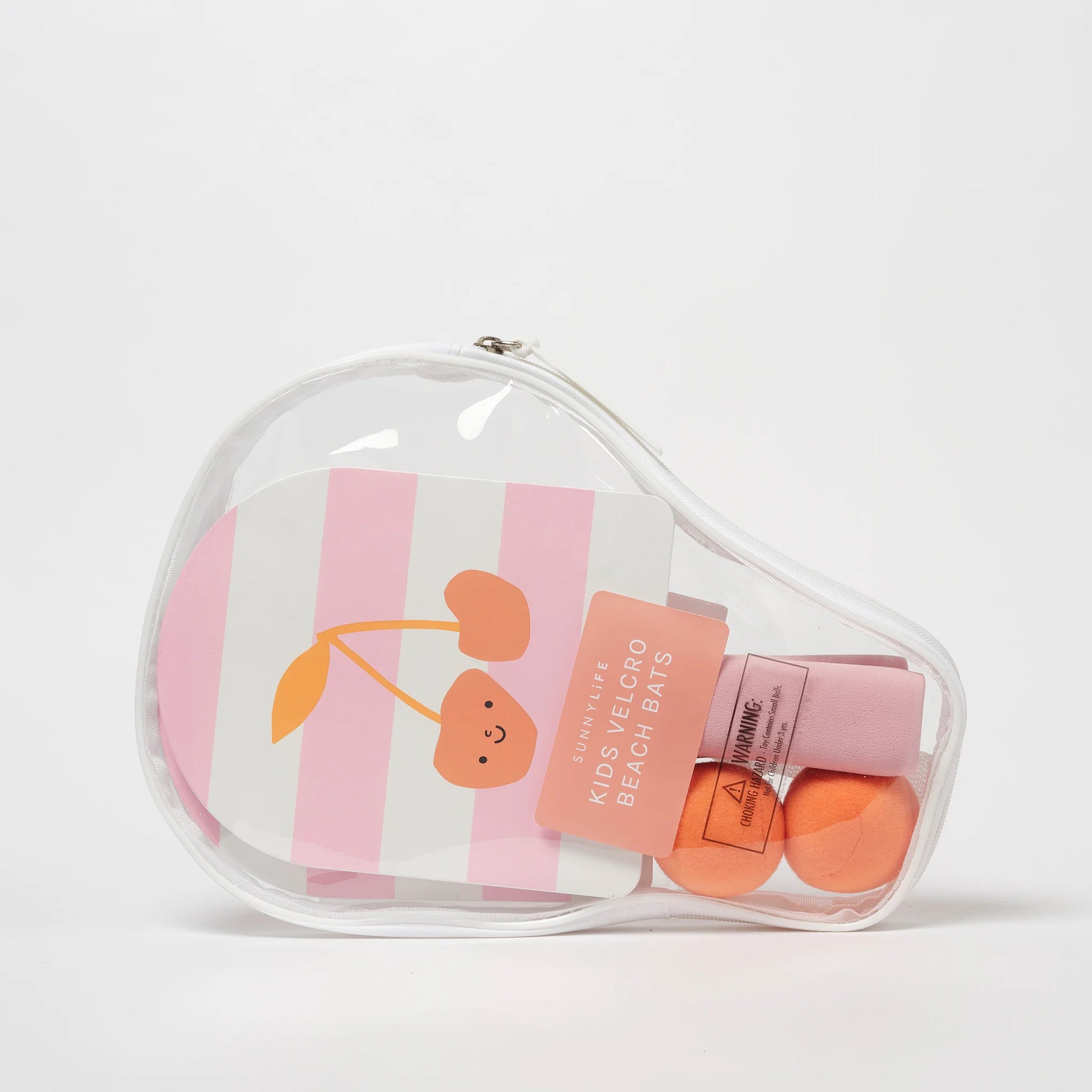 Rakietki plażowe dla dzieci LOQI w przezroczystym etui z różowym wzorem i pomarańczowymi piłkami