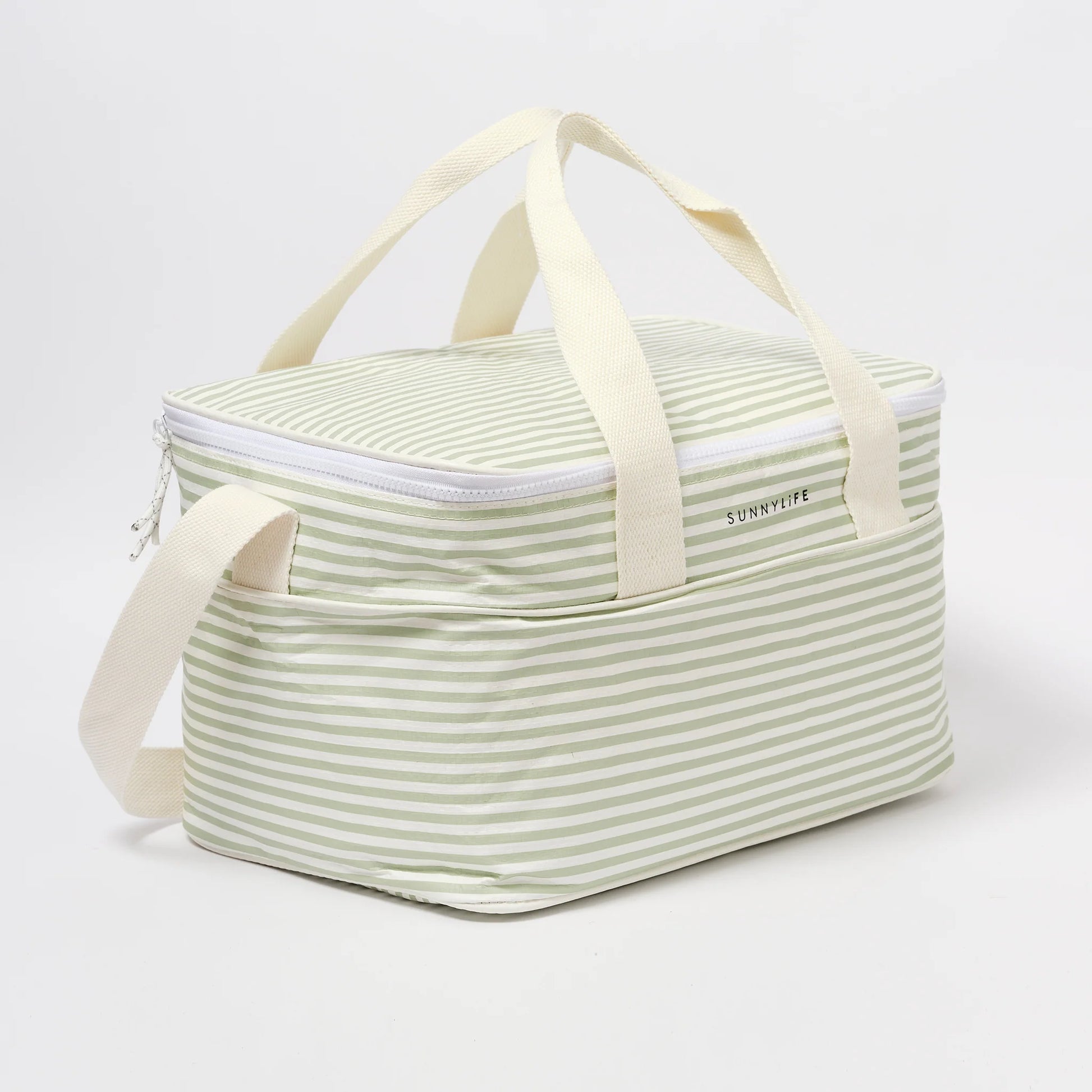 LOQI torba termiczna na lunch w paski z beżowymi uchwytami i zamkiem błyskawicznym