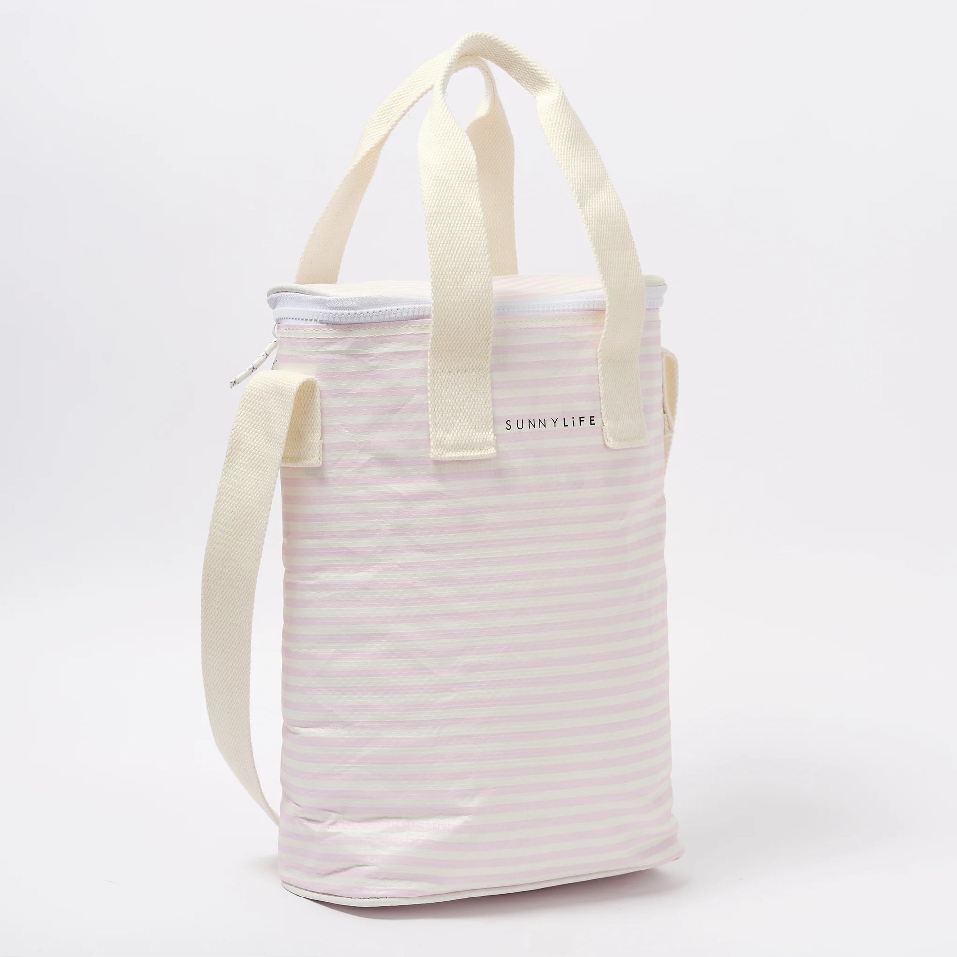 Lekka torba chłodząca na napoje LOQI w jasnoróżowe paski z uchwytami i suwakiem