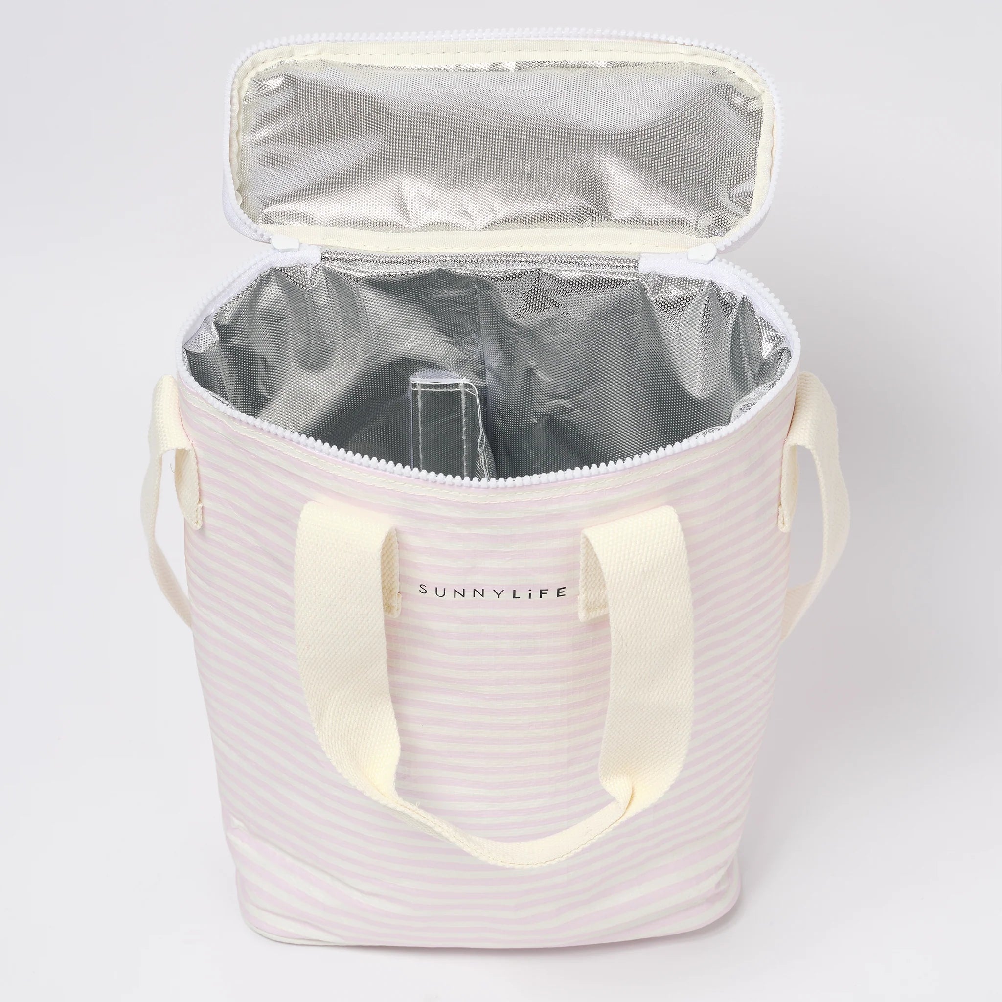 Lekka torba chłodząca na napoje LOQI w jasnoróżowe paski z otwartym wnętrzem izolującym