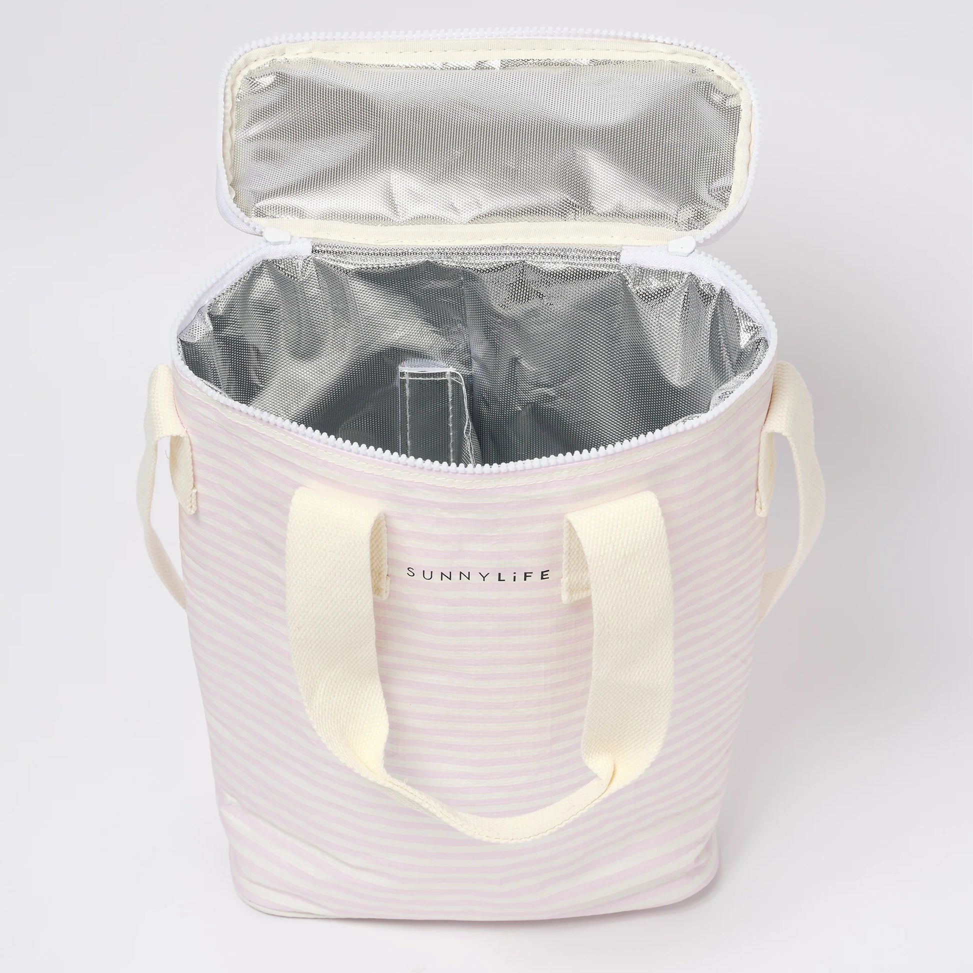 Lekka torba chłodząca na napoje LOQI w jasnoróżowe paski z otwartym wnętrzem izolującym