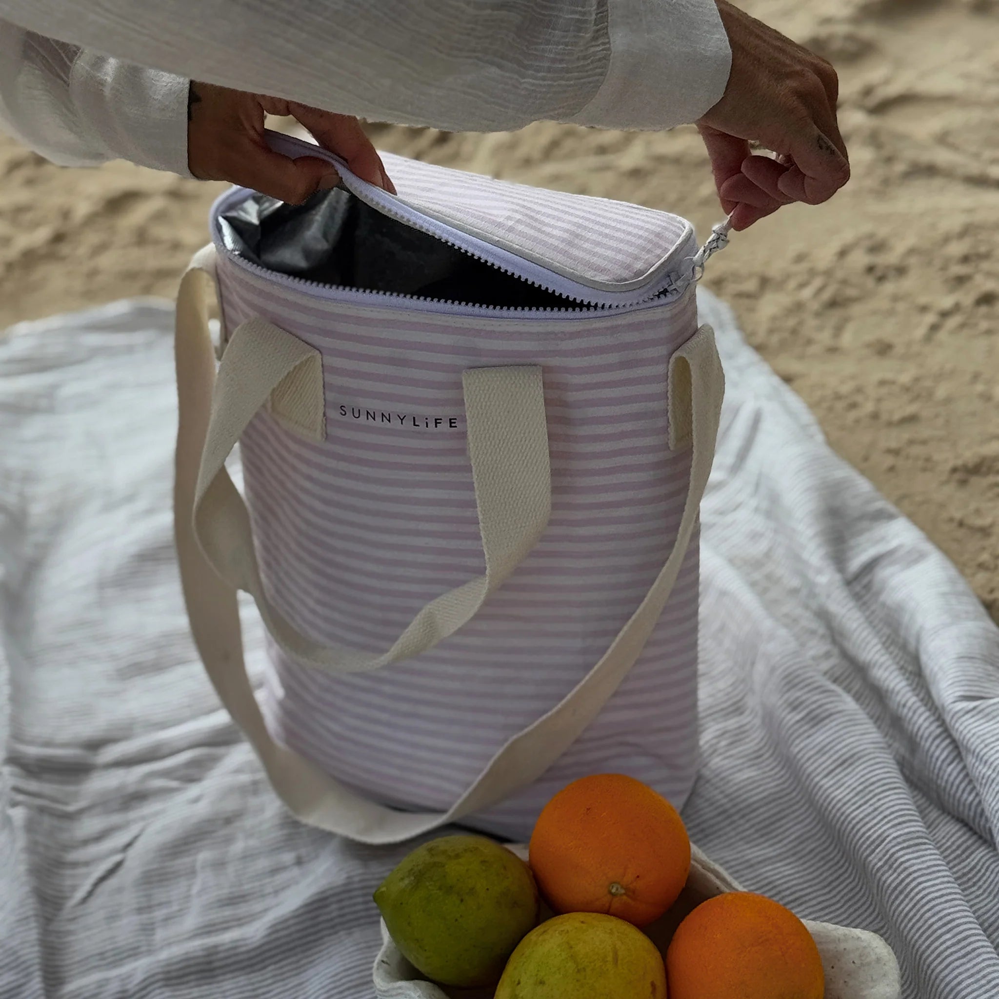 Lekka torba chłodząca na napoje w paski z zamkiem i uchwytami na plażę