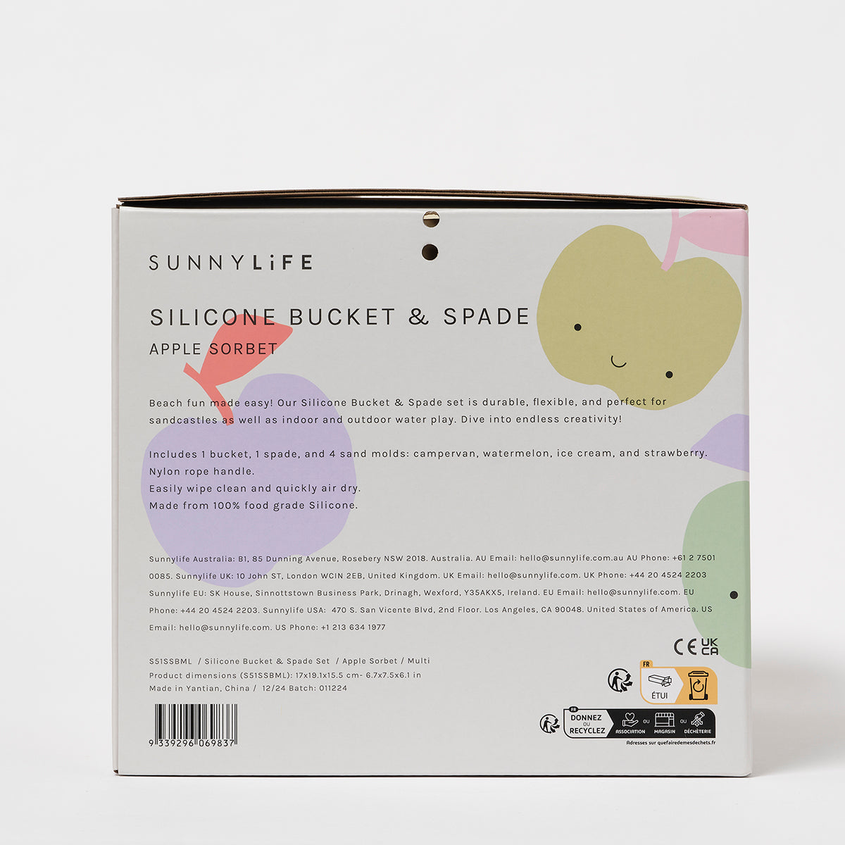 Opakowanie silikonowego wiaderka dla dzieci Sunny Life z motywem jabłkowym i łopatką do zabawy na plaży