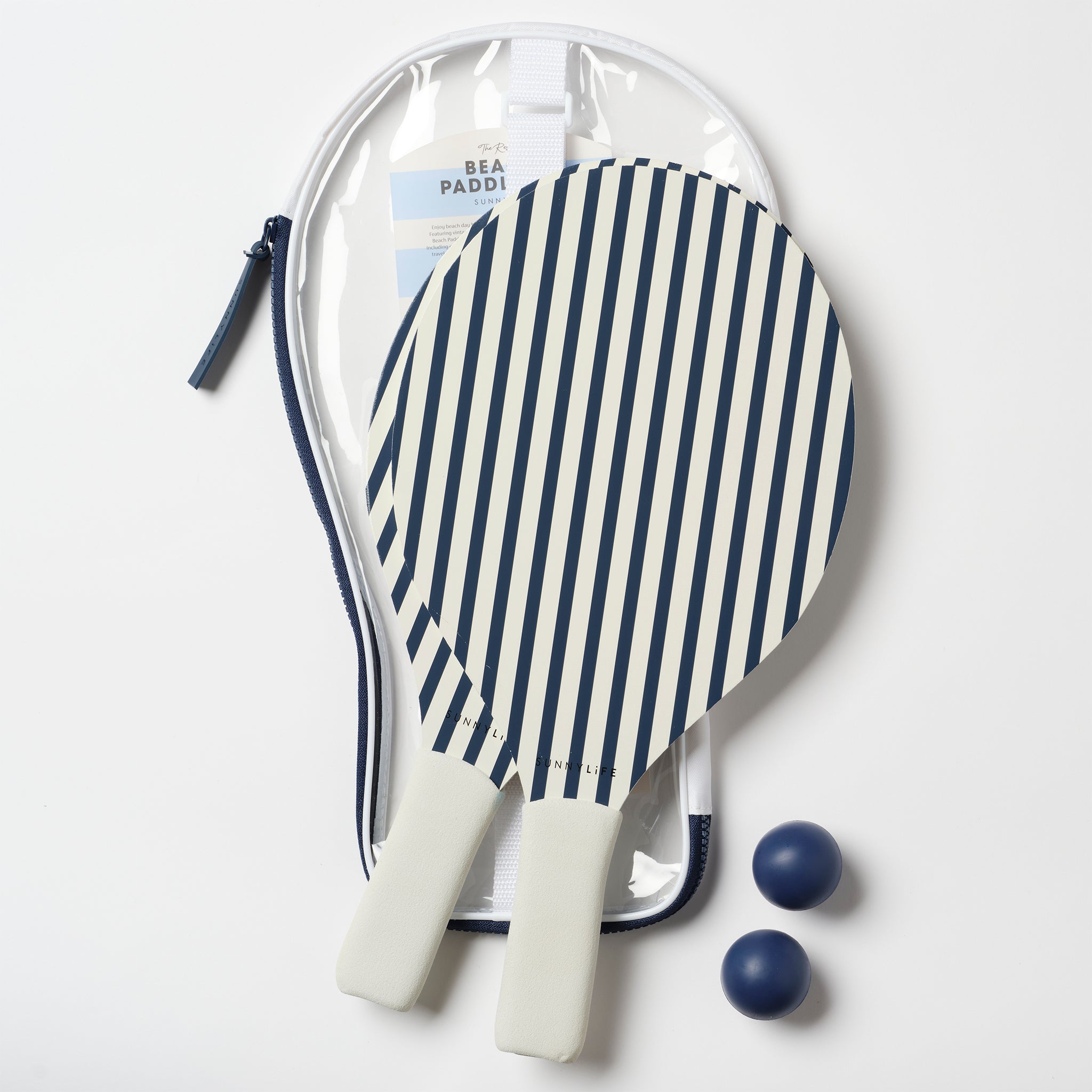 LOQI zestaw rakiet plażowych w paski z dwoma piłkami i przezroczystym pokrowcem