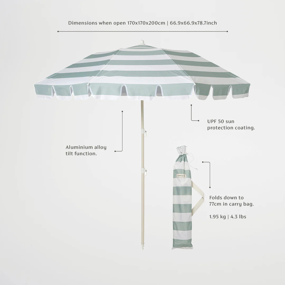 LOQI kompaktowy parasol plażowy w biało-zielone paski z aluminiową konstrukcją i ochraniaczem UPF 50