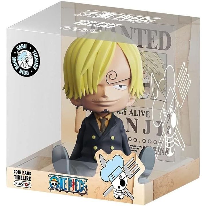 Skarbonka One Piece Sanji figurka w stylu chibi z podpisem Plastoy w przezroczystym pudełku
