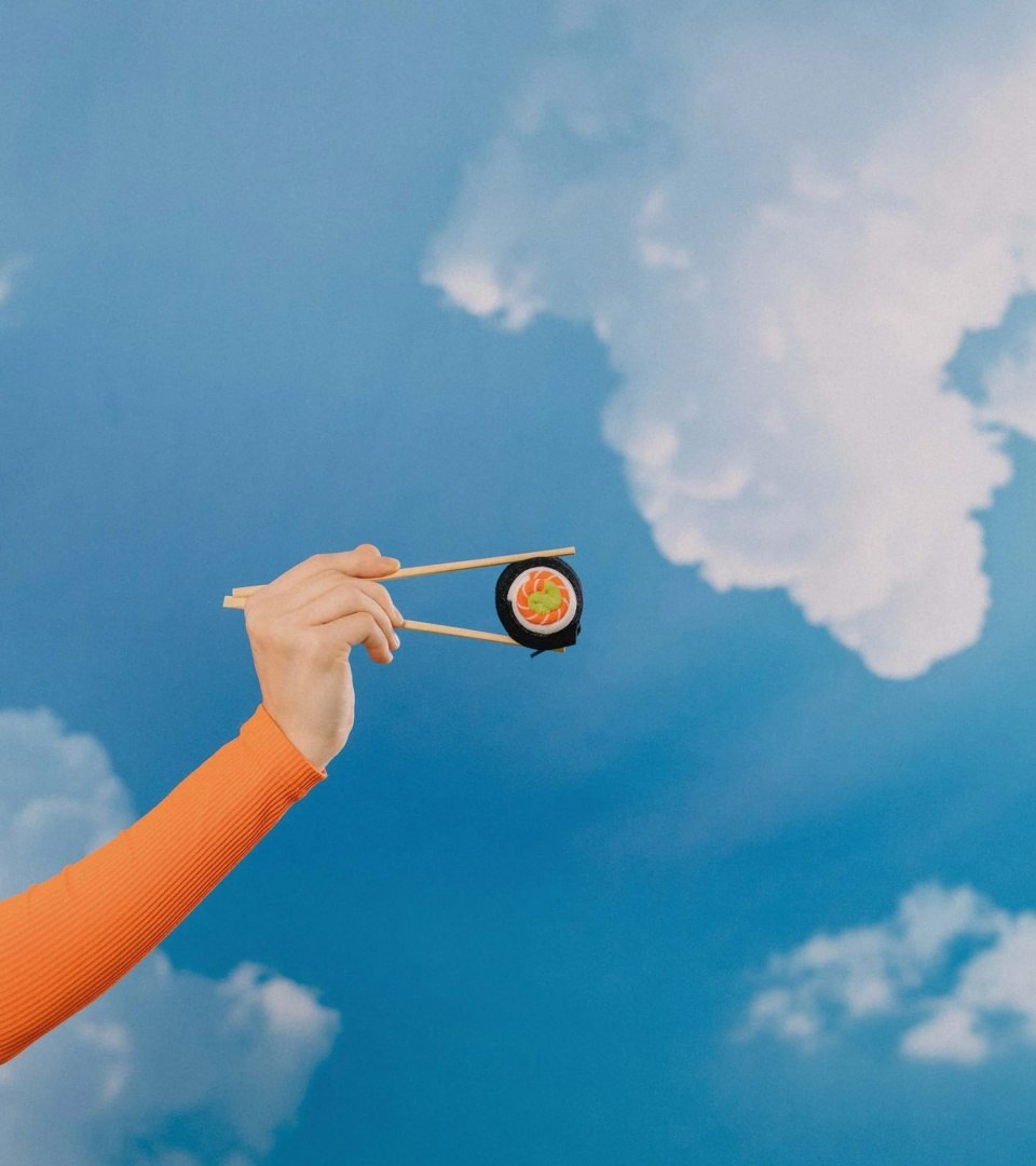 Ręka trzymająca pałeczki z skarpetkami sushi box na tle nieba z chmurami