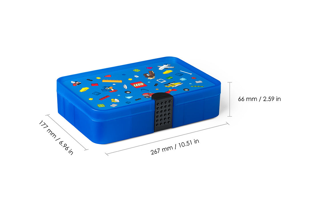 Sorter LEGO niebieski z kolorowymi grafikami i czarnym zamknięciem, pojemnik na klocki LEGO