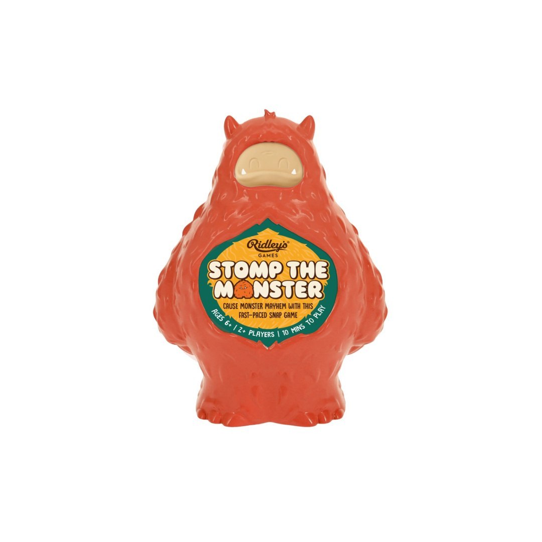 Gra planszowa Stomp The Monster w opakowaniu w kształcie pomarańczowego potwora od BV JACOB COMPANY