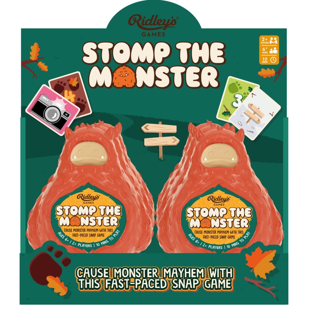 Gra planszowa Stomp The Monster od Ridley’s Games z dwoma czerwonymi potworami i kartami do gry