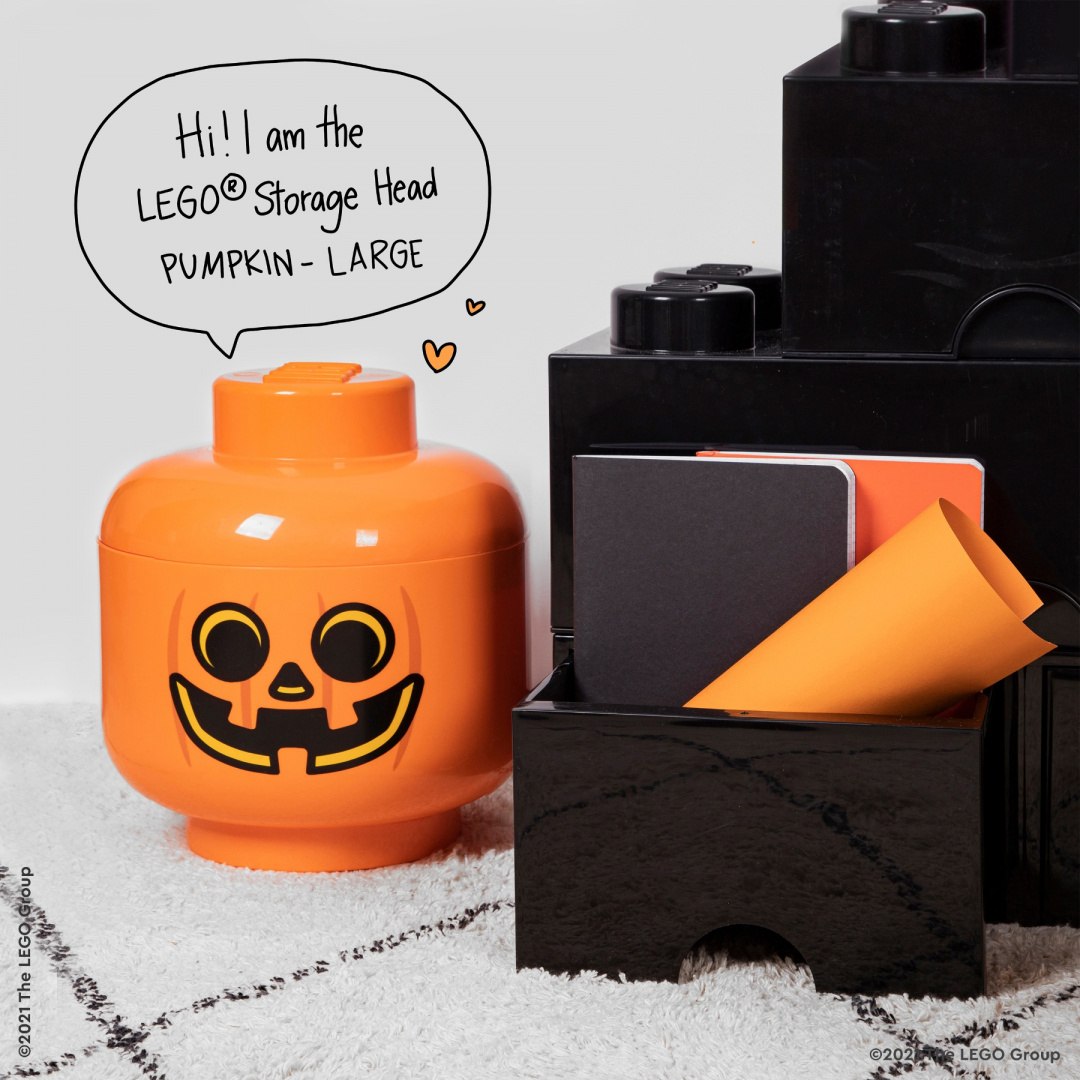 czarna szuflada LEGO Brick 4 z pomarańczową dużą dyniową główką do przechowywania LEGO