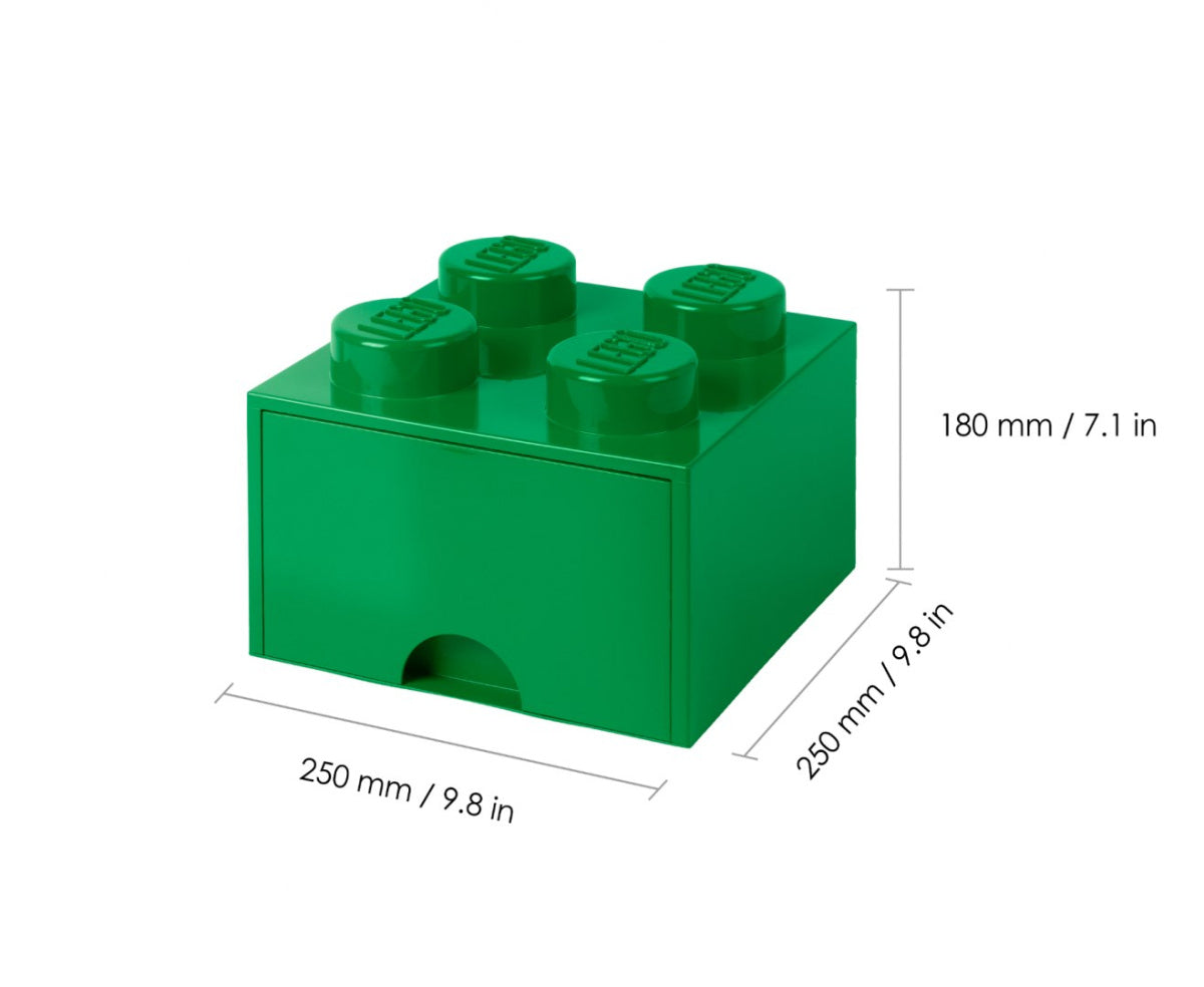 Zielona szuflada LEGO Brick 4 w kształcie klocka z wymiarami 250x250x180 mm