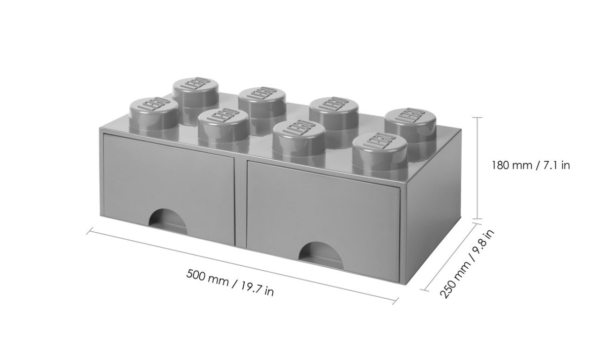 Szara szuflada LEGO dla dzieci w kształcie klocka z dwiema przechowującymi szufladami