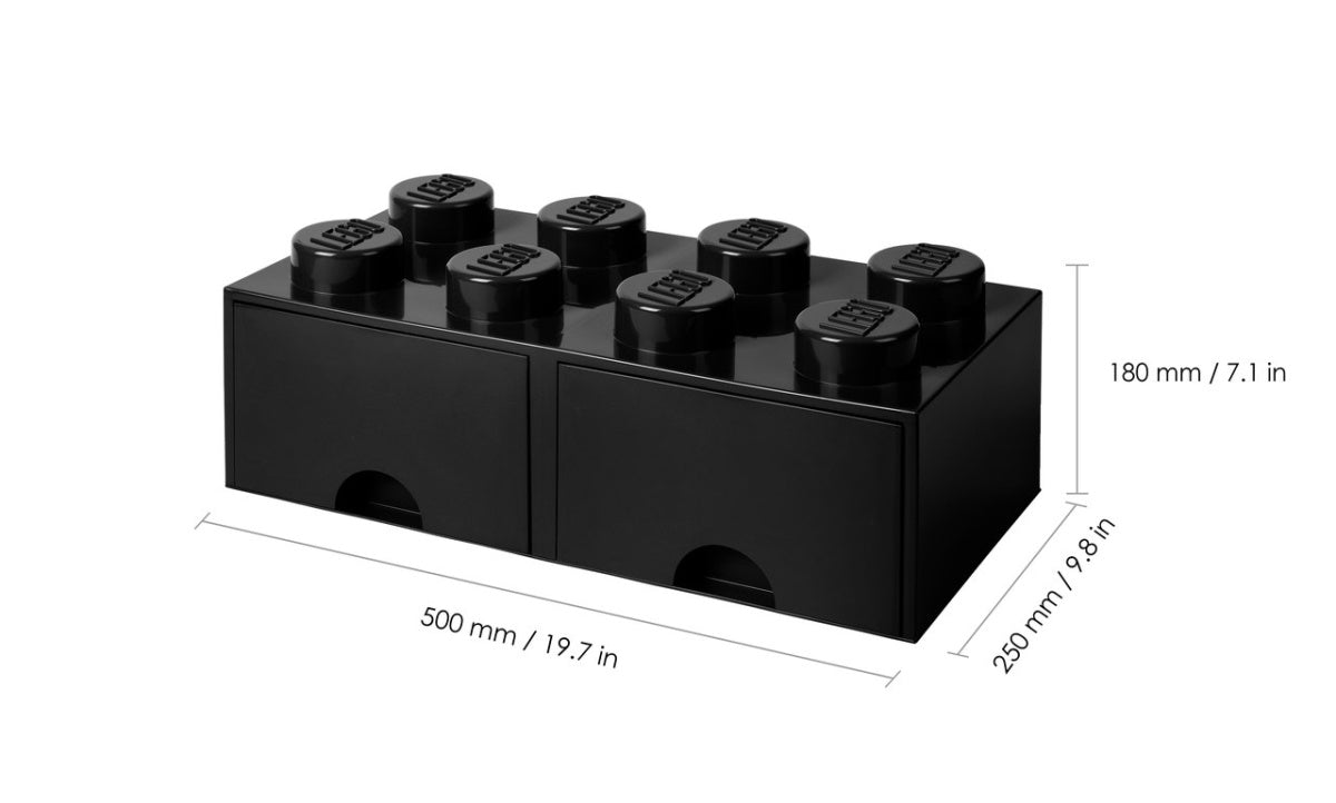 Czarna szuflada LEGO Brick 8 z dwoma przegródkami i wymiarami 500x250x180 mm