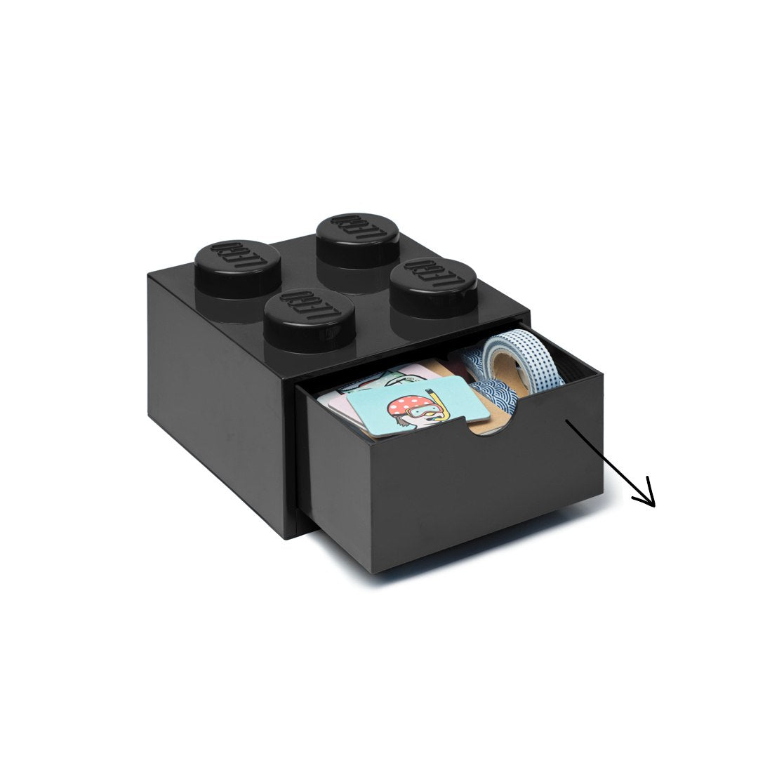 Czarna szufladka LEGO na biurko w kształcie klocka z wysuwaną szufladą na biuro