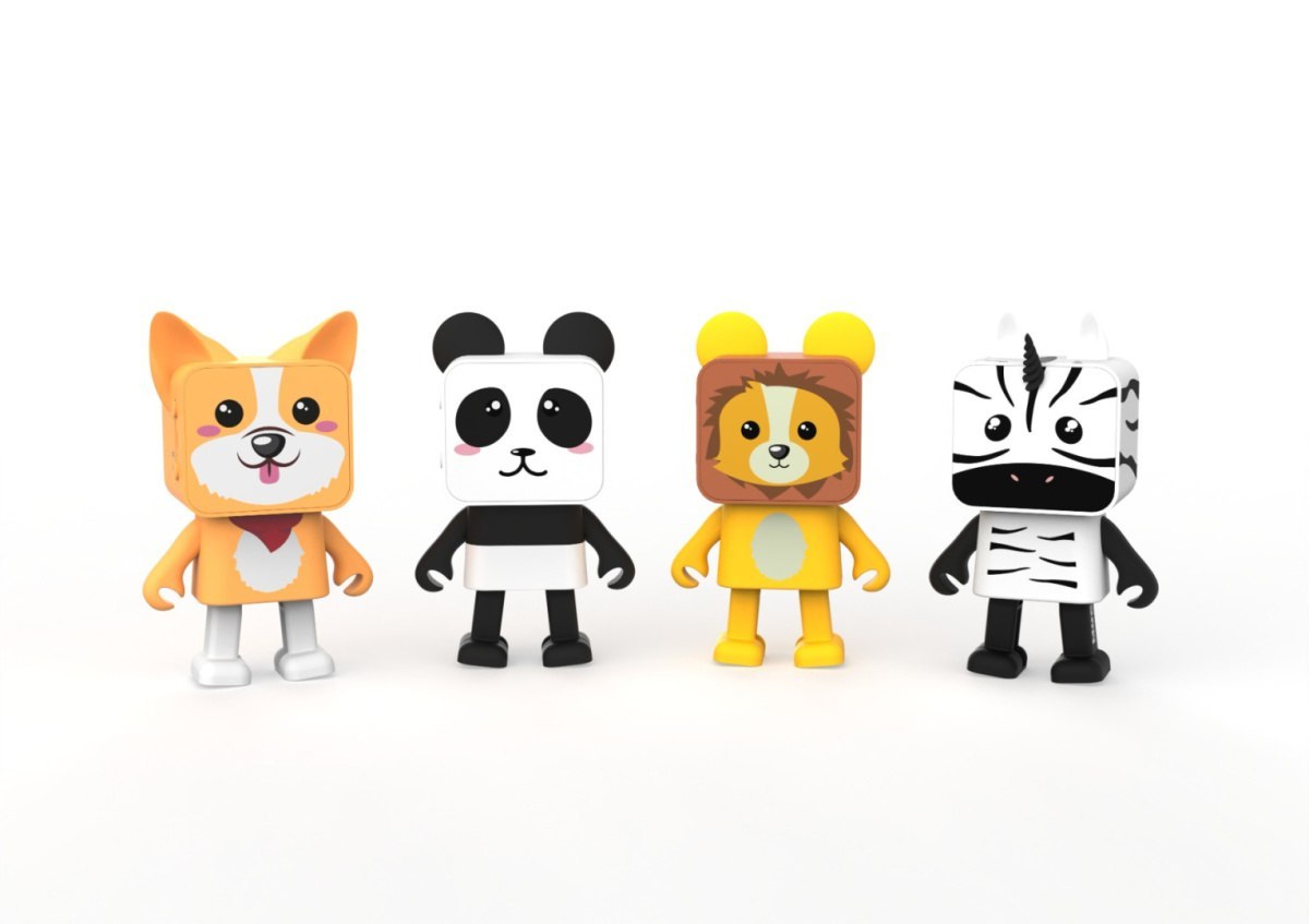 Tańczący głośnik bezprzewodowy panda w towarzystwie głośników w kształcie lisa, lwa i zebry