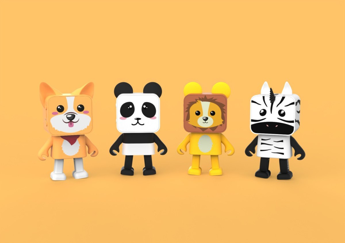 Głośnik bezprzewodowy corgi i inne zwierzęce figurki w stylu kreskówkowym na pomarańczowym tle