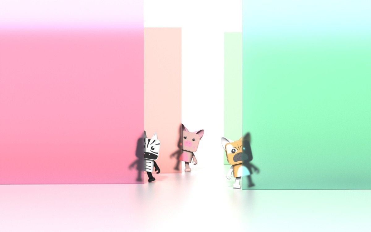 Tańczący głośnik bezprzewodowy świnka i inne kolorowe postaci animowane na pastelowym tle