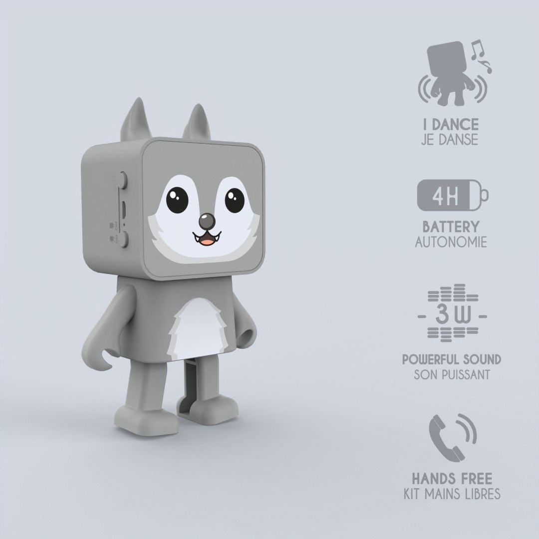 Szary tańczący głośnik bezprzewodowy wilk z uśmiechniętą twarzą i funkcją głośnomówiącą