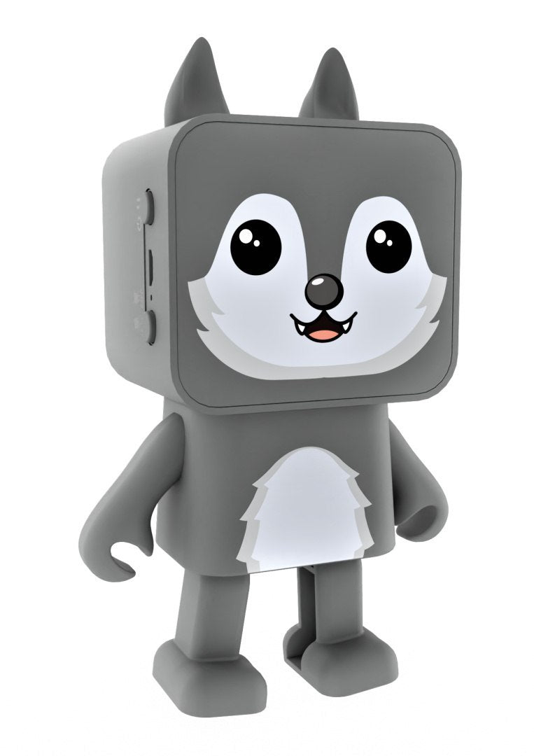 Tańczący głośnik bezprzewodowy wilk w kształcie animowanego szarego wilka z dużymi oczami