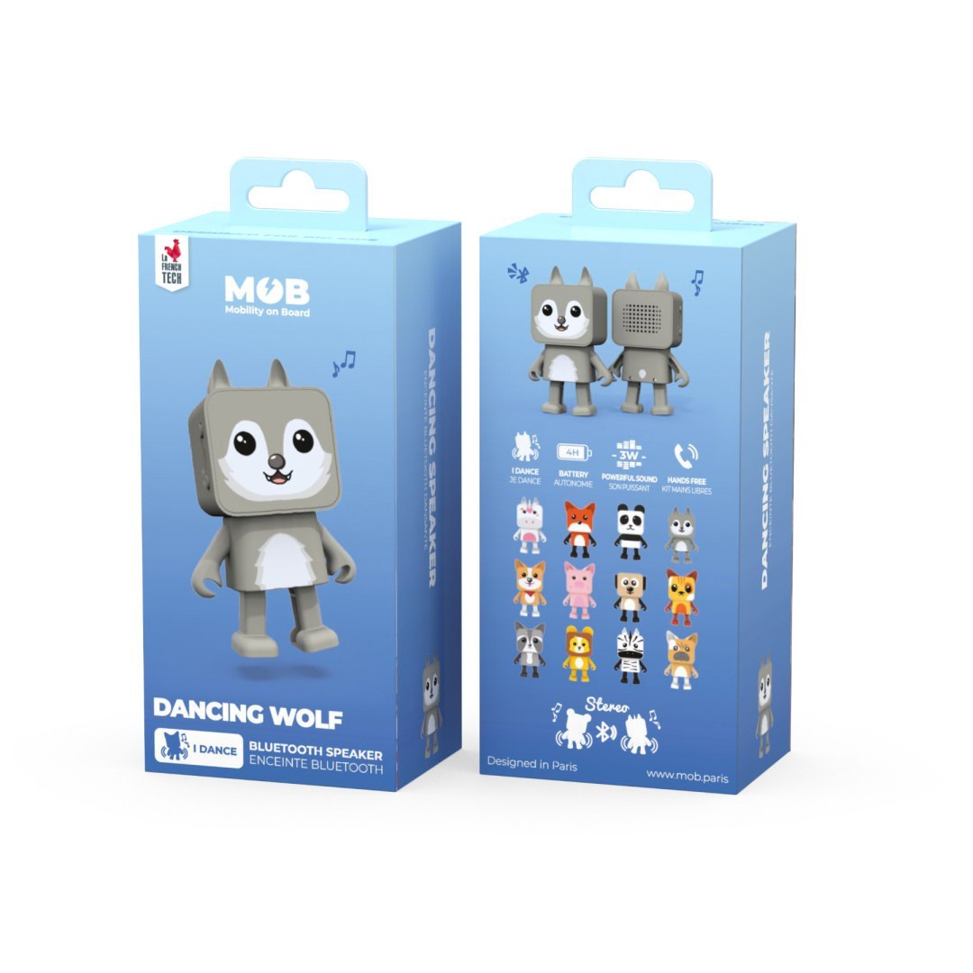 Opakowanie tańczącego głośnika bezprzewodowego wilk od WABOBA AB w niebieskim pudełku