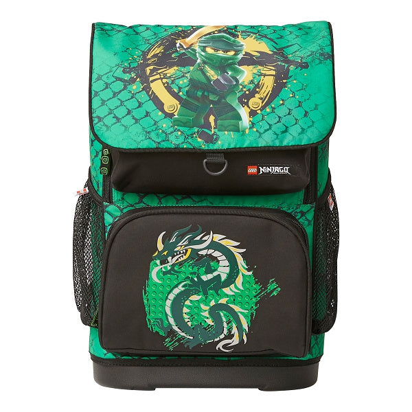 Zielony tornister LEGO Ninjago Lloyd z nadrukiem postaci i smoka oraz bocznymi kieszeniami siateczkowymi