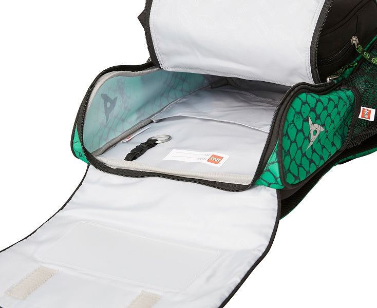 Otwarty tornister LEGO Ninjago Lloyd z wnętrzem na szkolne przybory i kluczyk