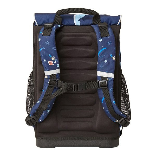 Tył tornistra LEGO City dla dzieci marki Yamann z niebieskimi regulowanymi paskami i siateczkowymi kieszeniami