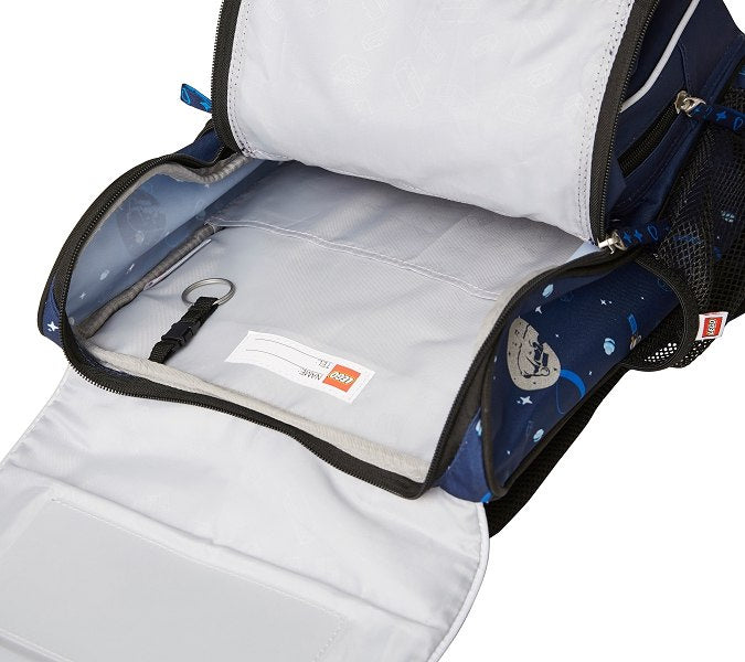 Otwarty tornister LEGO City dla dzieci w kolorze granatowym z miejscem na klucze i metką na imię