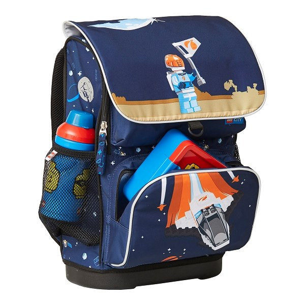 Granatowy tornister LEGO City dla dzieci z motywem kosmicznym i boczną kieszenią na bidon
