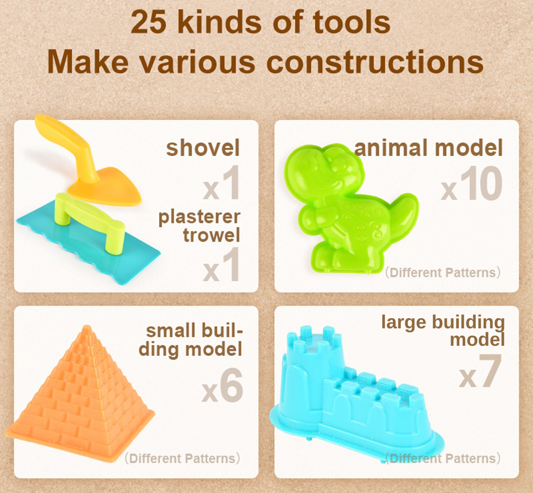 Zestaw narzędzi do piasku magicznego dla dzieci z 25 elementami, w tym łopatką, modelami zwierząt i budowli