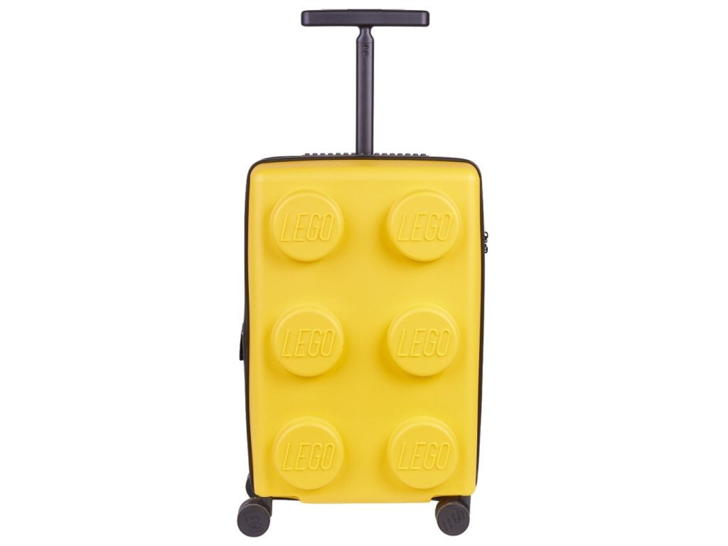 Żółta walizka LEGO żółta z wysuwanym uchwytem i kółkami do łatwego transportu
