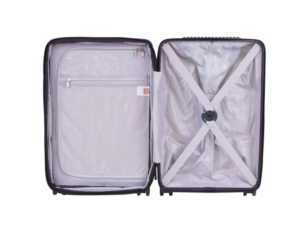 Otwarta walizka LEGO żółta z paskami wewnętrznymi i kieszenią zapinaną na zamek