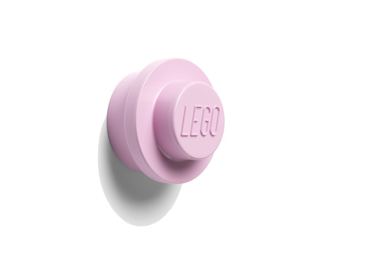 Różowy wieszak ścienny LEGO w kształcie klocka z napisem LEGO, wieszaki LEGO jasnoniebieski różowy biały