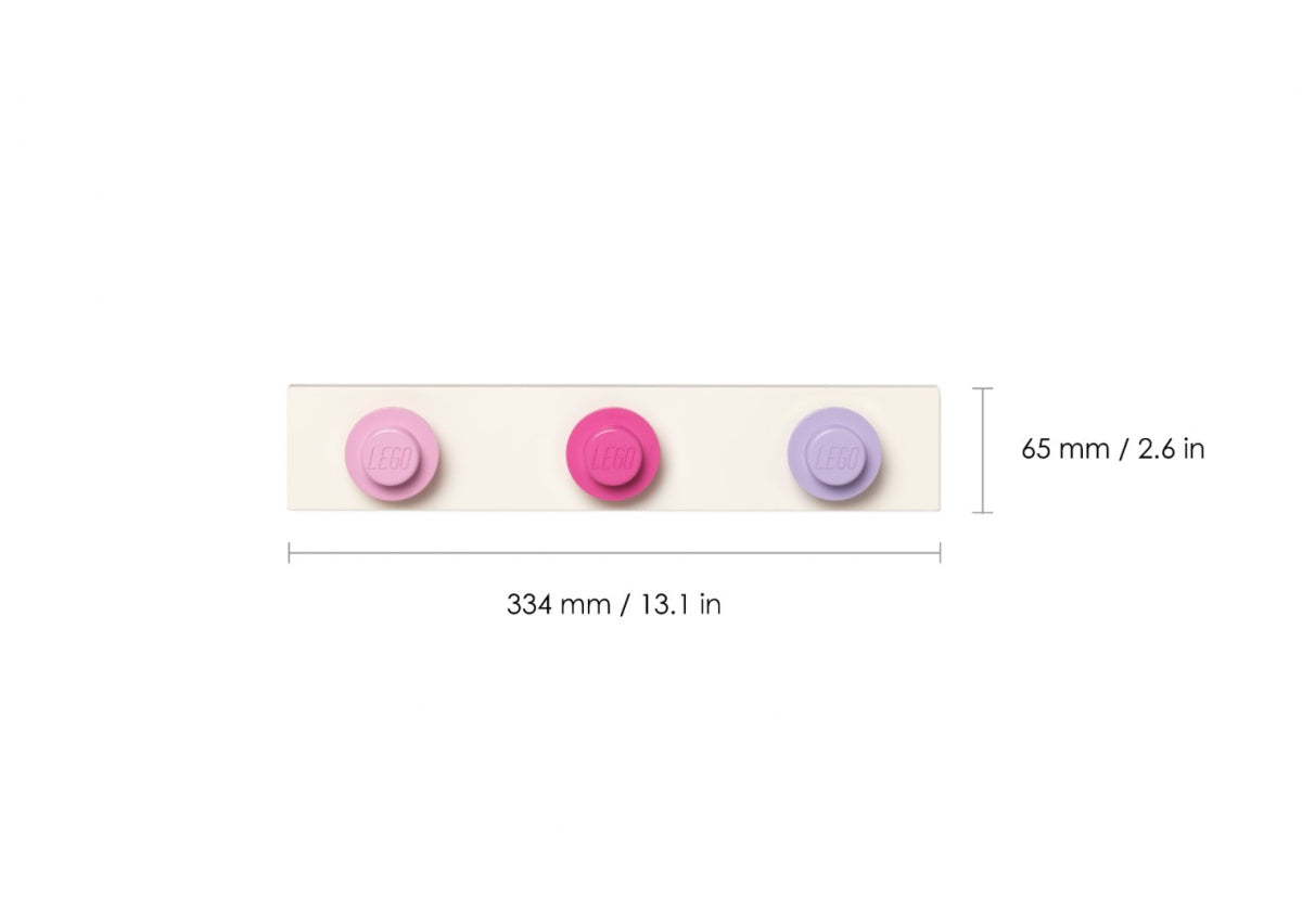 Kolorowy wieszak LEGO na ścianę z trzema okrągłymi haczykami w odcieniach różu i fioletu
