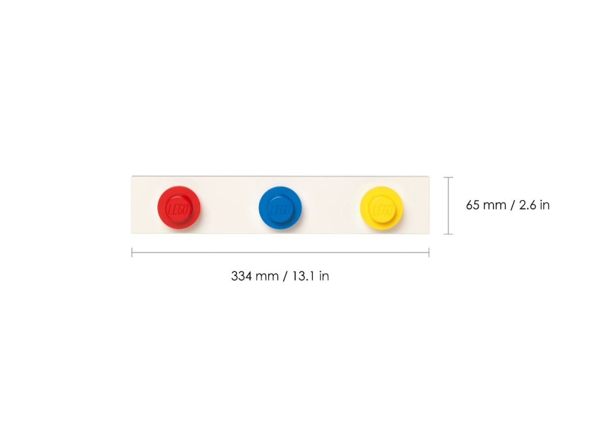 Białe wieszaki LEGO na ścianę z trzema okrągłymi haczykami w kolorach czerwonym, niebieskim i żółtym